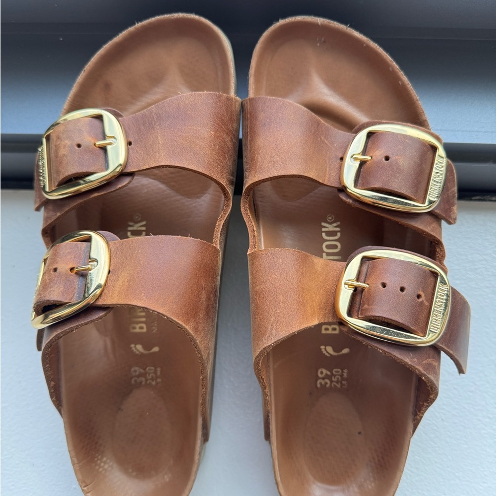 Birkenstock Tan Sandals with Gold Buckles